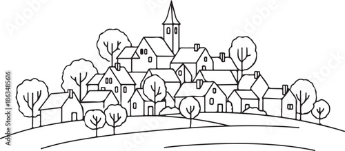 A detailed minimalist line art illustration of a dense European-style village on a hill, featuring a prominent church steeple and surrounding trees in a clean black and white sketch style.