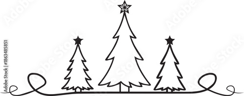A minimalist black and white line art vector of three stylized Christmas trees with star toppers, grounded by a simple horizontal line with elegant looped ends.