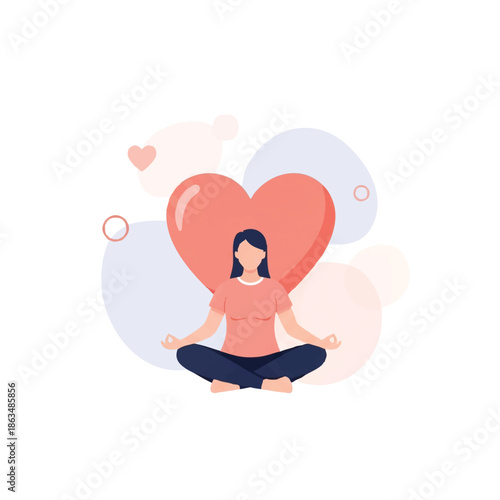 A cartoon woman meditates in a lotus position with a large heart behind her on a pastel background, conveying a cute and peaceful mood.