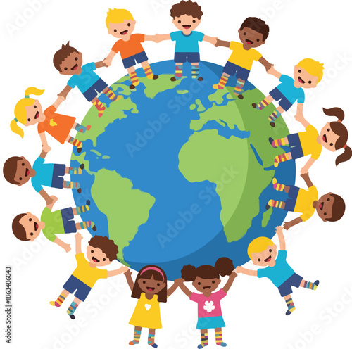 Diverse group of children holding hands around the globe, symbolizing unity and support on World Down Syndrome Day. Perfect for awareness campaigns, educational materials, presentations.