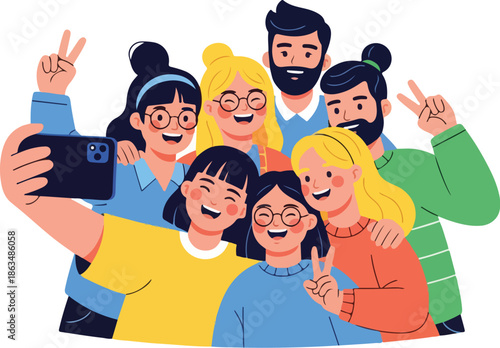 A diverse group of friends taking a selfie with peace signs, smiling and having fun together in a colorful digital illustration. Perfect for World Down Syndrome Day, awareness campaigns,