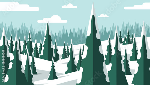 A vibrant digital illustration showcasing a serene winter landscape adorned with sharp evergreen trees blanketed in pure white snow beneath a crisp,