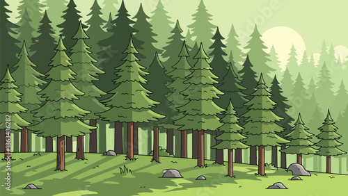 Vibrant cartoon forest scene with majestic pine trees and sunlit ground