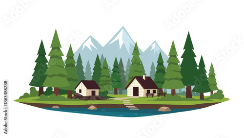 A picturesque serene mountain landscape featuring cozy cabins nestled amidst a dense evergreen forest, a tranquil lake, and majestic snow-capped