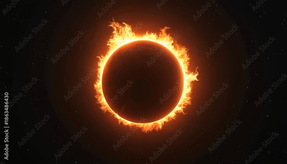 Fototapeta premium Solar eclipse appears with bright orange flames around. Dark cosmic background with tiny stars. Celestial event shows suns corona fiery aura.