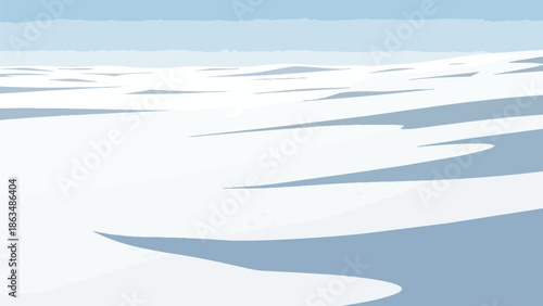 Expansive wintry terrain presenting a serene and stark beauty with undulating snowdrifts stretching into the distance under a pale blue horizon, an