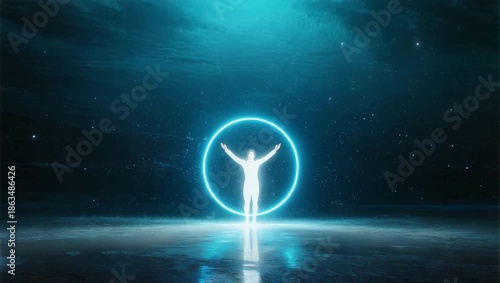 Human figure in glowing circle against dark background