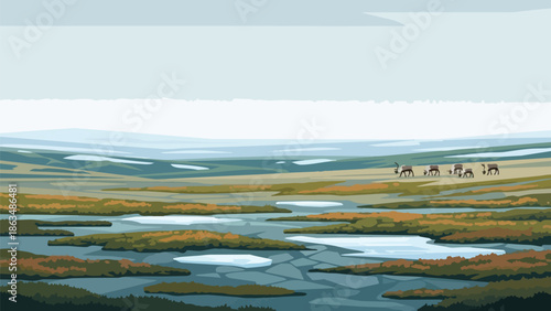 Vast arctic tundra ecosystem with tranquil wetlands and wandering caribou herd under a soft, expansive sky, depicting northern wilderness.