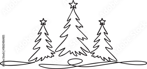 A clean, one-line style vector featuring three evergreen trees with star toppers, grounded by a continuous, flowing calligraphic flourish at the base.