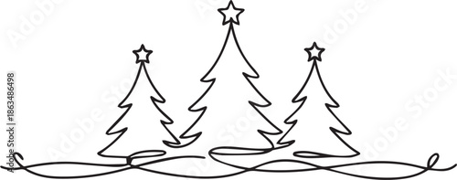 A graceful black and white vector of three Christmas trees with stars, connected by a continuous, flowing swirl at the base. A whimsical and elegant take on festive greenery.