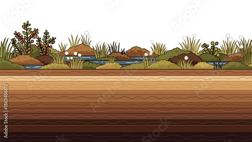 Lush ecosystem cross-section revealing surface vegetation and distinct subterranean soil strata
