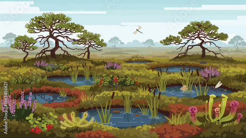A colorful digital illustration showcasing a rich wetland habitat with calm pools, unique trees, dense marsh foliage, vibrant carnivorous plants,