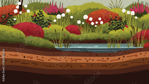 Vibrant ecosystem cross-section showcasing wetland flora and intricate soil layers below