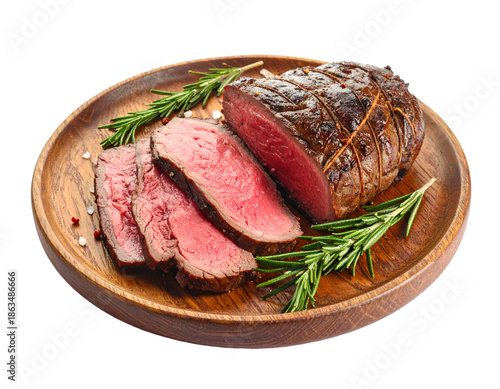 Roast Beef with Rosemary on Wooden Plate isolated on transparent png
