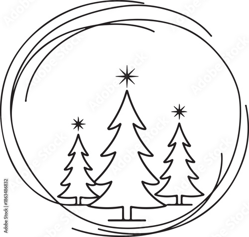 A minimalist line-art vector featuring three evergreen trees topped with sparkling stars, enclosed within a dynamic, multi-layered circular sketch frame.