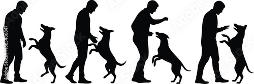 Sequence of Dog Training Silhouettes, Man Interacting with a Jumping Dog, Vector Silhouette of Dog and Owner Training, Stages of Positive Reinforcement Training, silhouette, illustration, vector.