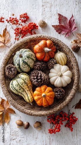 Wallpaper Mural A woven basket filled with assorted gourds, pinecones, nuts, and berries, surrounded by fallen leaves on a light-colored surface Torontodigital.ca