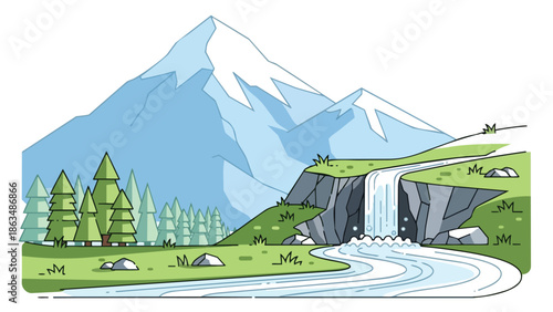 Illustrative tranquil mountain valley featuring a cascading waterfall, verdant hills, and a winding river