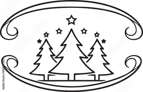 Minimalist line-art vector featuring three evergreen trees under a canopy of five stars, enclosed in an elegant, stylized oval frame with decorative flourishes.
