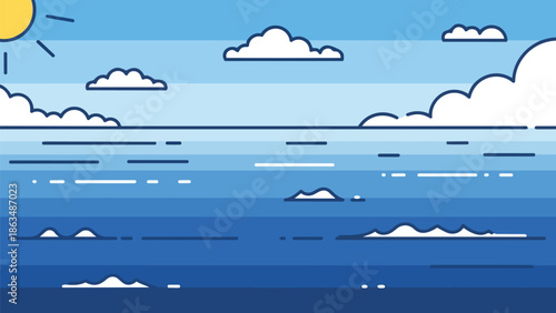 Minimalistic ocean panorama with soft pastel blues and bright yellow sun, featuring calm stylized water movement and fluffy sky elements, ideal for