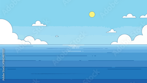 A tranquil ocean seascape under a bright blue sky, adorned with minimalist clouds and a shining sun, illustrating a peaceful, expansive digital