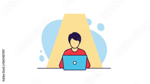 Focused Man Working on Laptop, Illuminating Productivity and Remote Work Concept Illustration