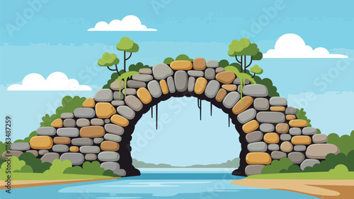 Idyllic natural stone bridge spanning a tranquil river under a serene blue sky with fluffy clouds