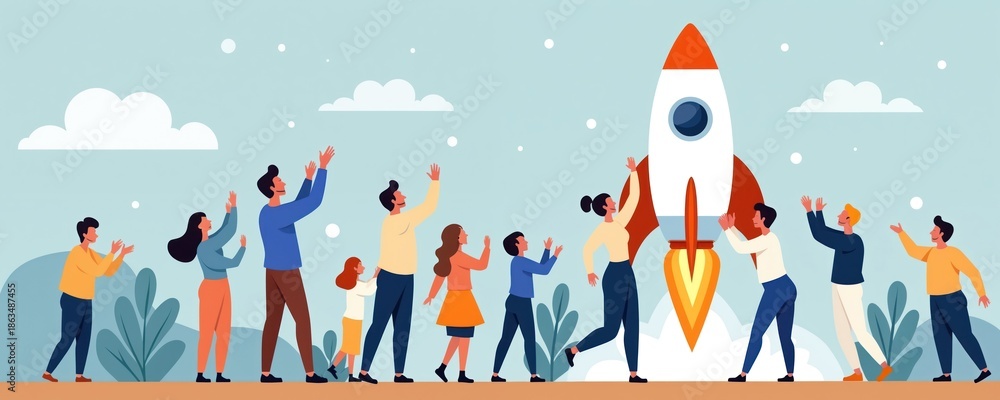 Naklejka premium Team celebrates rocket launch. People cheer new business venture. Excited employees watch startup lift off towards sky. Success and growth concept.