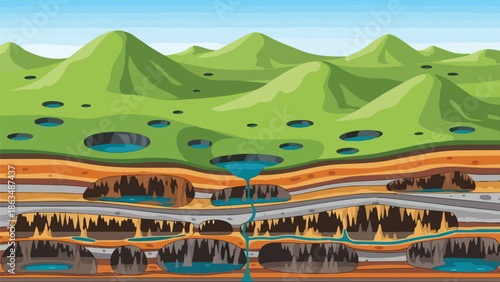 Vivid educational illustration showing a cross-section of a dynamic karst topography with sinkholes, underground caves and water eroding bedrock