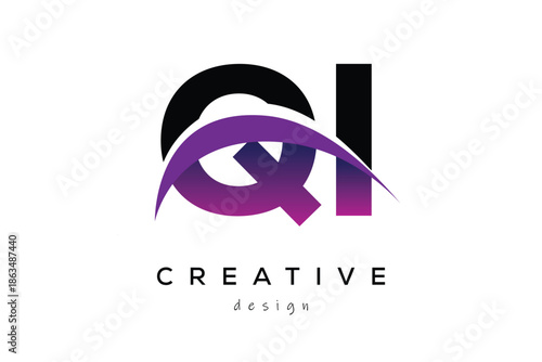 QI Creative And Modern Letter Logo Design with Creative Purple Wave Abstract Latter Logo Concept.