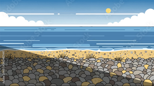 A serene coastal vista rendered in a minimalist flat design showcasing a tranquil ocean meeting a textured pebble and sandy beach under a clear sky