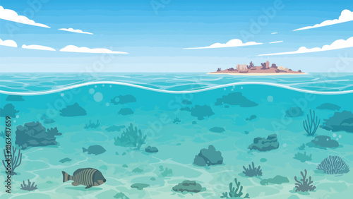 Serene Underwater Scene with Coral Reefs and School of Fish Near a Distant Island under a Bright Sky