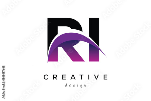 RI Creative And Modern Letter Logo Design with Creative Purple Wave Abstract Latter Logo Concept.