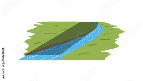 Scenic river flowing through lush green landscape with distant hills and vibrant blue water stream capturing serene natural environment