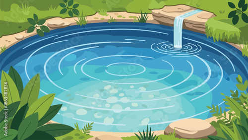 Tranquil pond illustration with gentle waterfall and serene water ripples amidst lush green foliage
