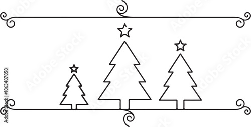 A minimalist black and white line art vector featuring three geometric Christmas trees with star toppers, positioned between two elegant horizontal scroll borders. Ideal for modern holiday headers.