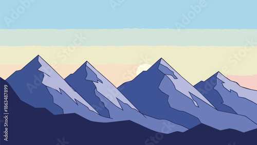 Majestic Snow-Capped Mountain Range Under a Serene Sunrise with Colorful Sky