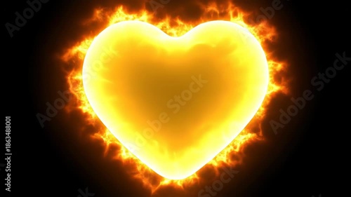 A heart on fire with flames burning around it on a black background
