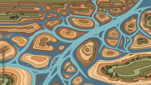 Intricate topographic map illustrating interconnected waterways and land formations with diverse elevation levels and natural features in a detailed