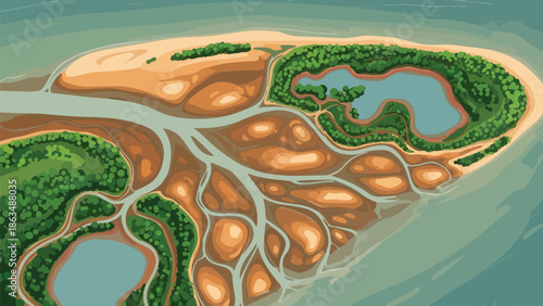 Intricate aerial view of a dynamic river delta ecosystem with winding waterways and lush green foliage
