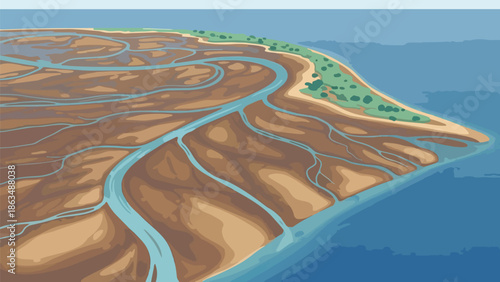 Aerial view of a winding river flowing through arid landscape with sparse green vegetation along the coast in a digital illustration