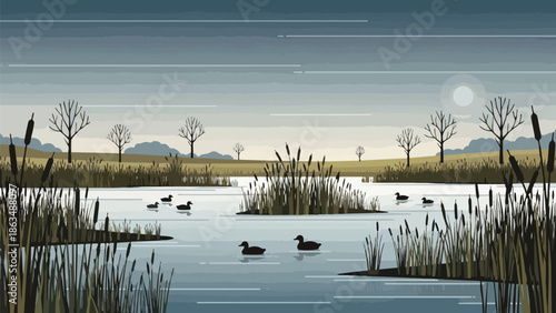 Serene Wetland Scene with Duck Family at Sunset Showcasing Natural Habitat and Tranquil Atmosphere in a Digital Illustration