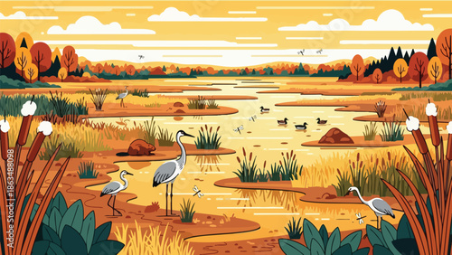 Serene autumn wetland scene with graceful herons surrounded by colorful trees and abundant wildlife during sunset