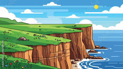 scenic coastal cliffs with vibrant green grass overlooking deep blue ocean and clear sky in daylight