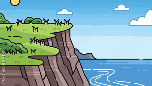 Vivid coastal landscape featuring grassy cliffs overlooking expansive blue ocean with scattered clouds in bright sky