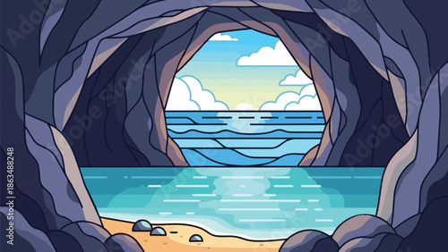 Intriguing coastal cave opening overlooking serene ocean with clear sky and fluffy clouds during daytime