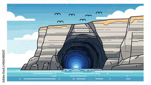 Majestic coastal cliffside with a mysterious ocean cavern beneath and flock of birds soaring overhead capturing natural coastal beauty and