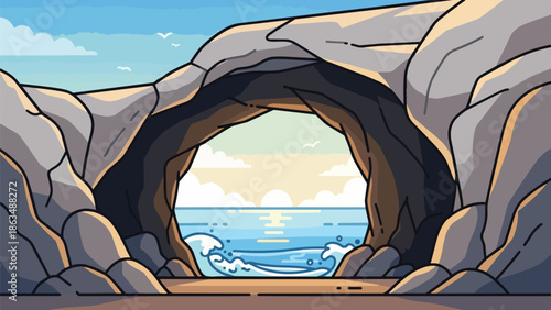 A vibrant illustration depicting a serene ocean vista observed through a majestic natural rock arch during a tranquil sunrise or sunset moment a