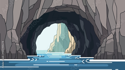 Enchanting cartoon sea cave entrance illustration with natural light