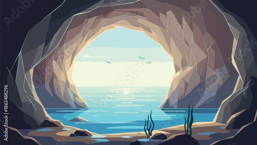 Serene ocean view from a stylized sea cave, showing tranquil waters and distant birds under a calm sky, geometric rock formations framing this